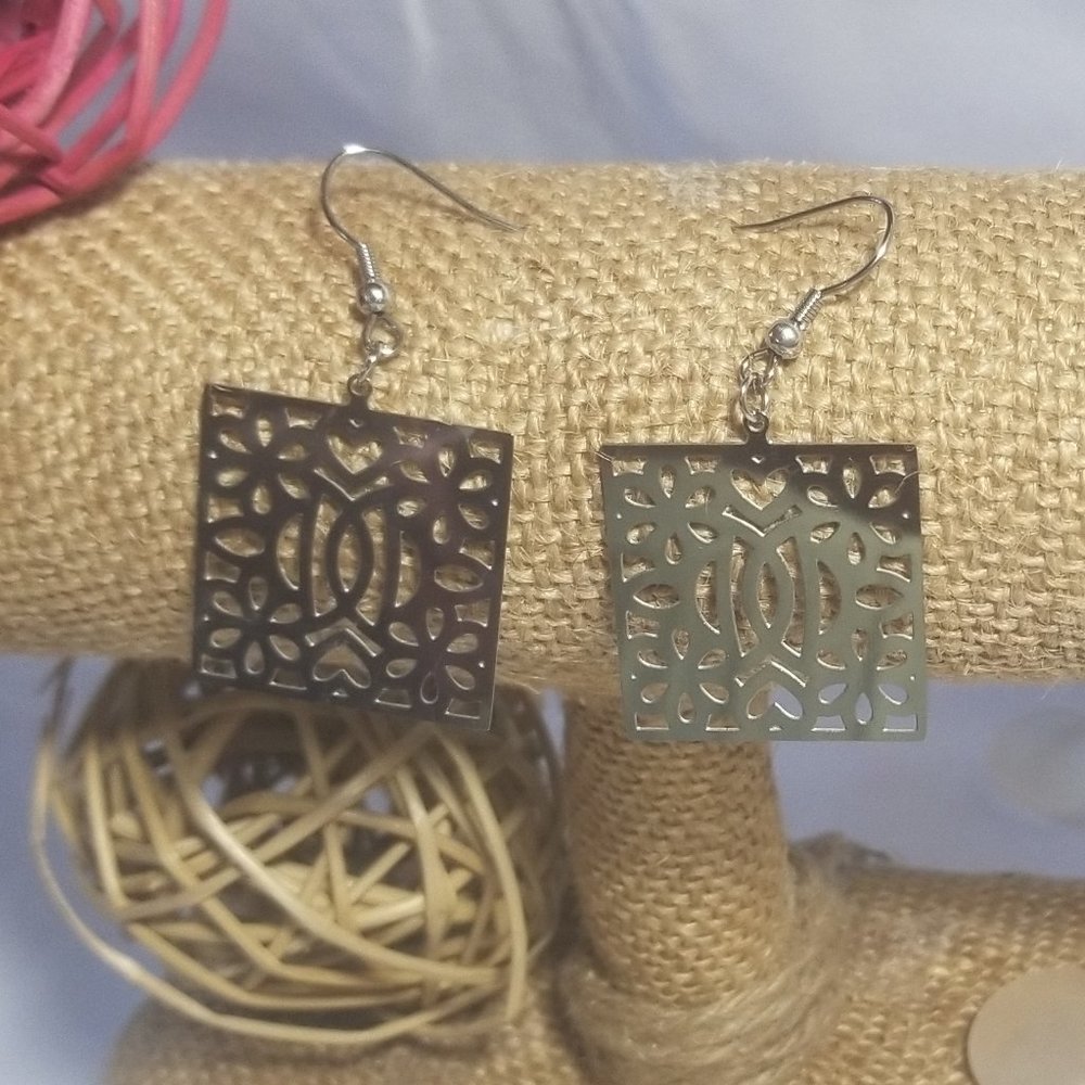 Stainless Steele Earring, Square Stencil Earring, Stainless Steele Hook Earrings